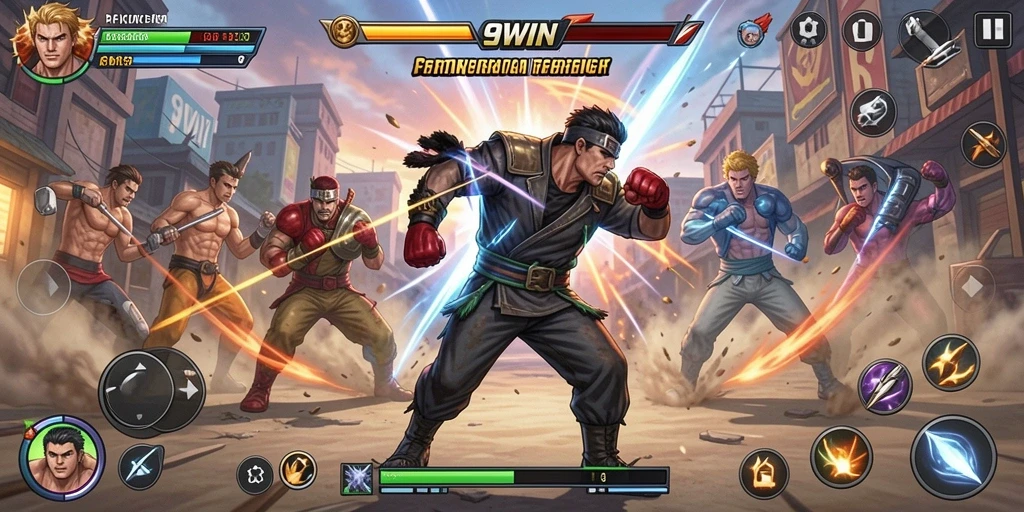 Screenshot 9WIN menampilkan karakter bertarung dengan efek visual yang menakjubkan.
