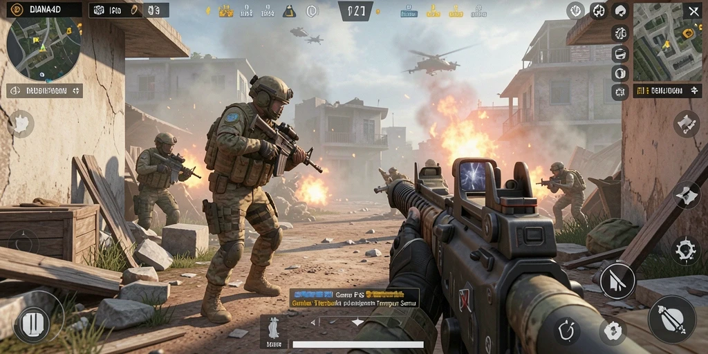 Tampilan gameplay mendebarkan di DIANA4D dengan aksi tembak-tembakan yang intens.