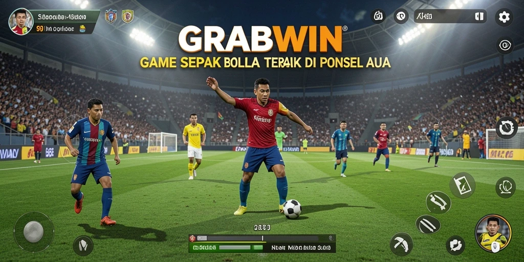 Screenshot gameplay GRABWIN yang menegangkan dalam aksi pertandingan sepak bola.