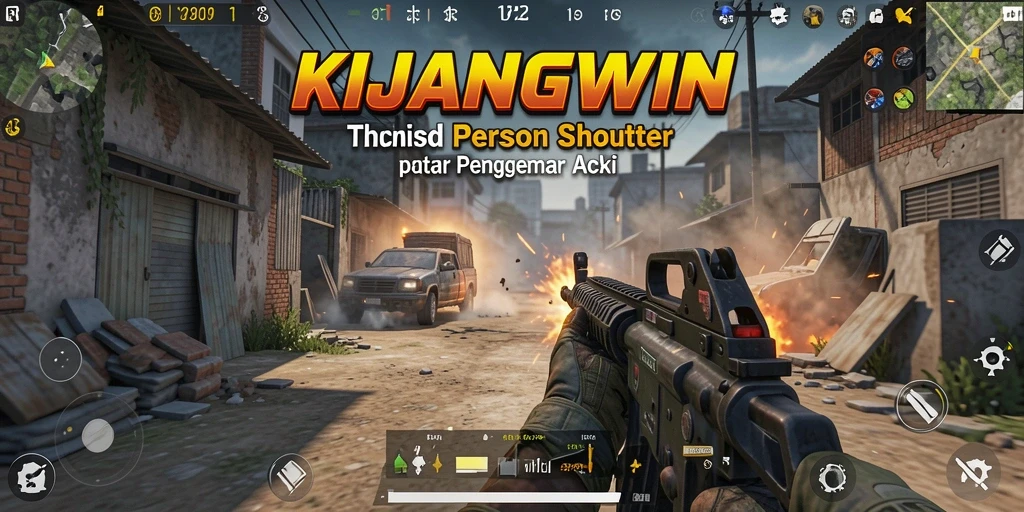 Tampilan gameplay KIJANGWIN dengan aksi menegangkan di medan perang TPS.