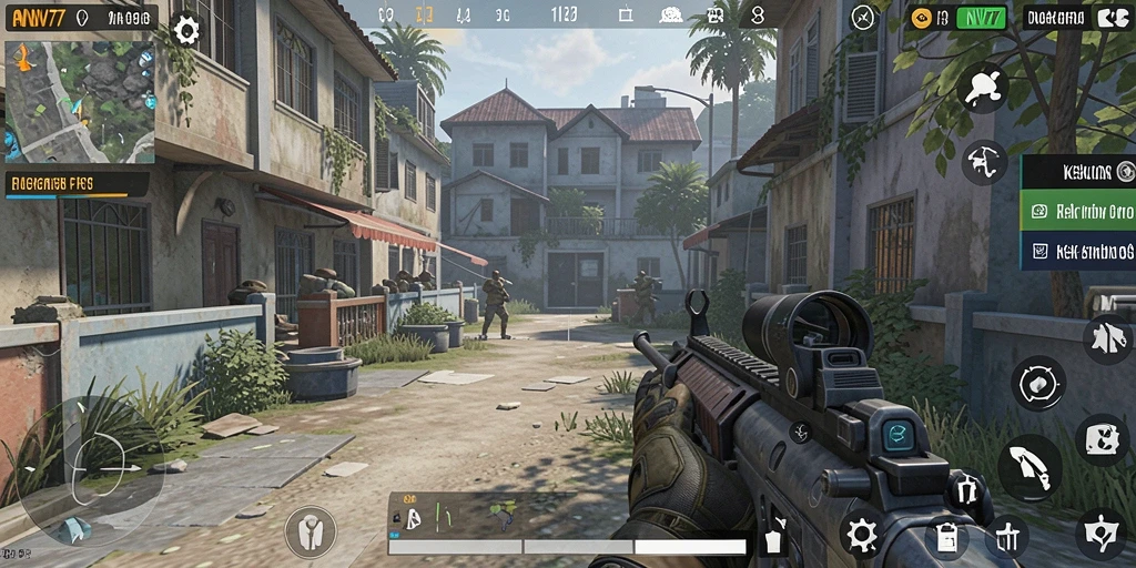 Screenshot NV77 menunjukkan aksi menegangkan dalam pertempuran FPS.