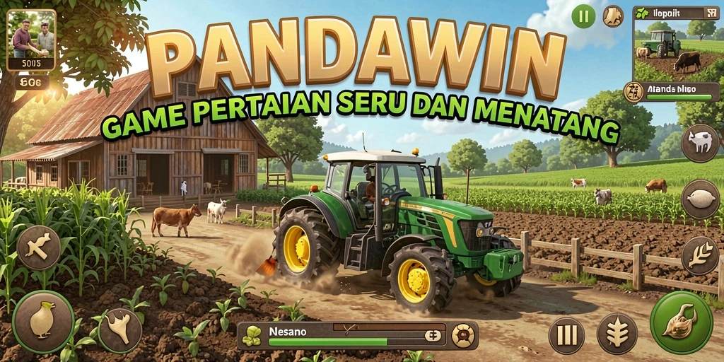 Tampilan gameplay PANDAWIN dengan aktivitas bertani yang seru.