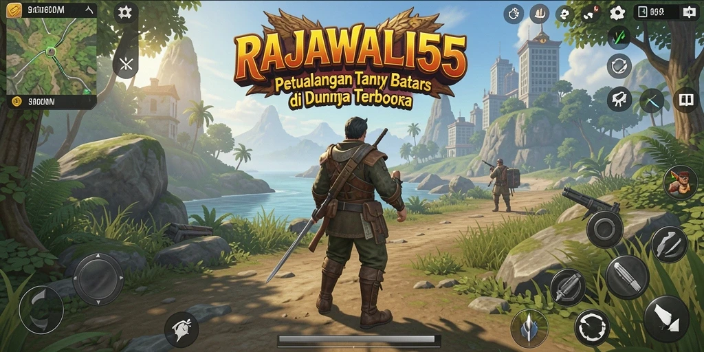 Screenshot gameplay RAJAWALI55 menunjukkan eksplorasi dunia terbuka yang menakjubkan.
