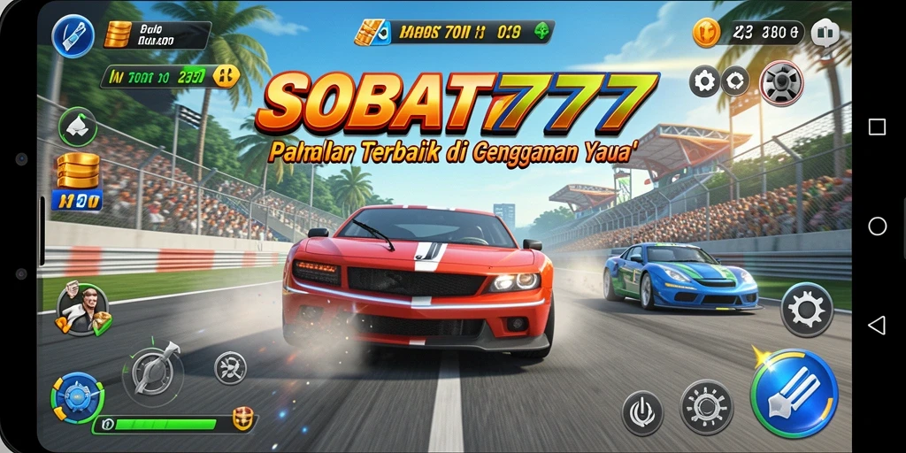 Screenshot gameplay SOBAT777 dengan mobil balap melaju kencang.