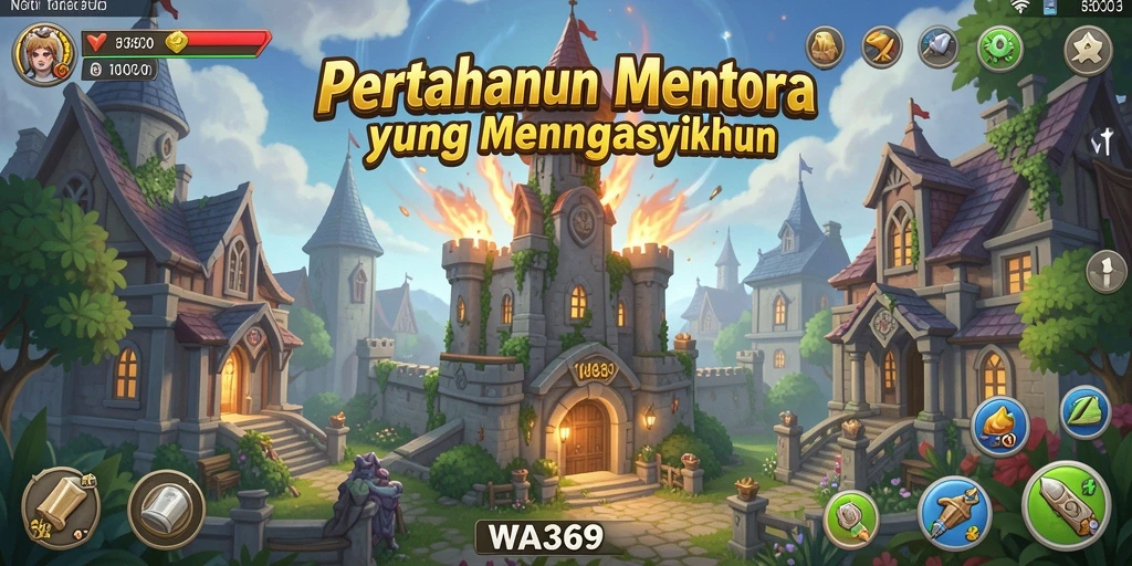Tampilan menara dan serangan musuh dalam gameplay Tower Defense.